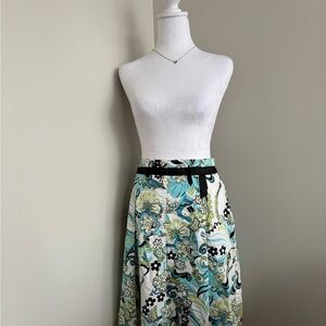 Floral A-Line Midi Skirt in Aqua and Green
